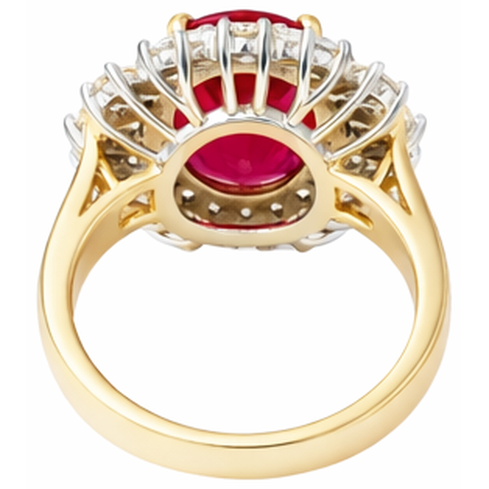 Bellissimo rubino rosso di forma ovale con anello di diamanti 7 carati in oro giallo