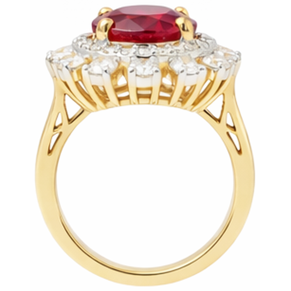 Bellissimo rubino rosso di forma ovale con anello di diamanti 7 carati in oro giallo