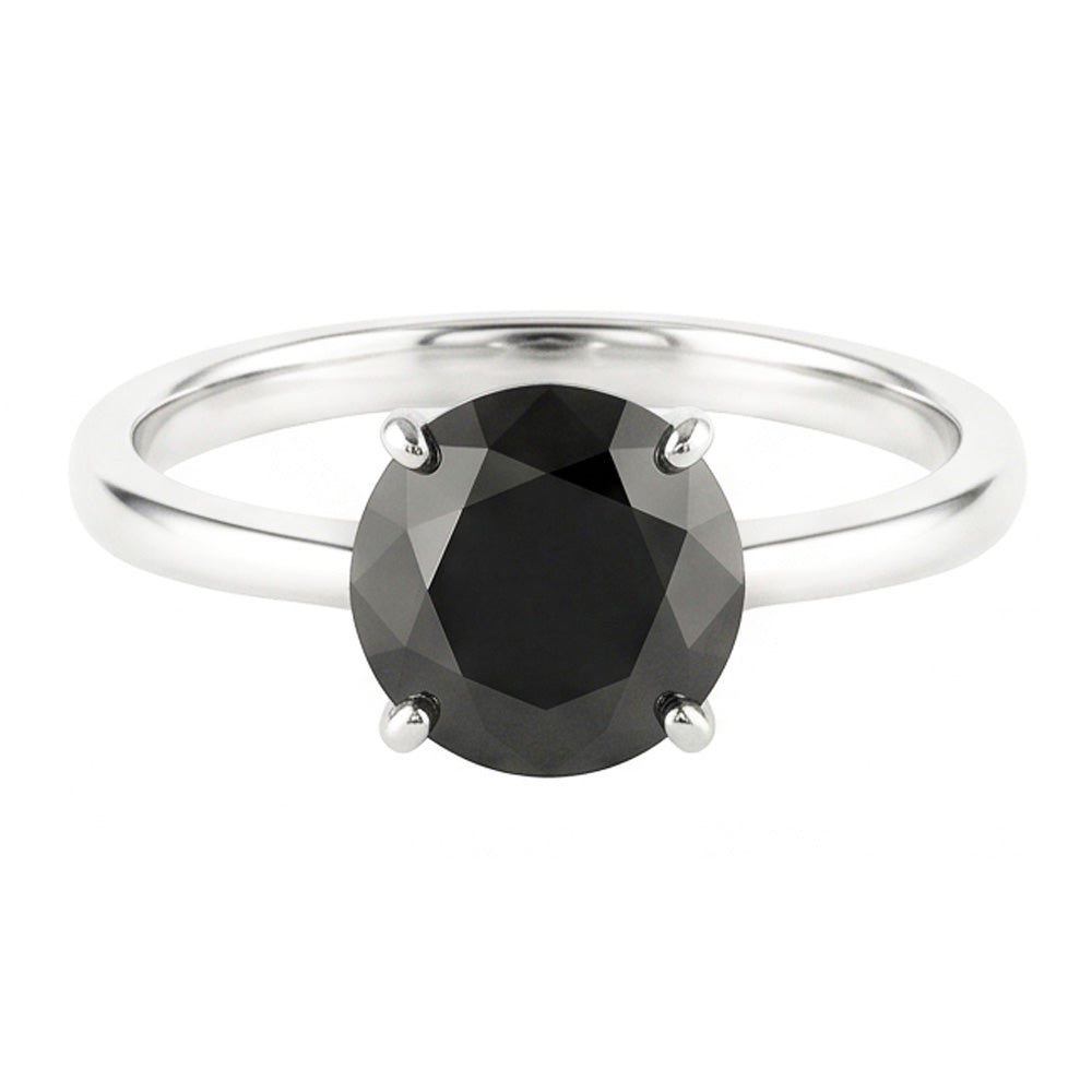Anello di Fidanzamento Solitario Liscio con Diamante Nero Naturale Taglio Rotondo da 3,5 Carati in Oro Bianco 14K