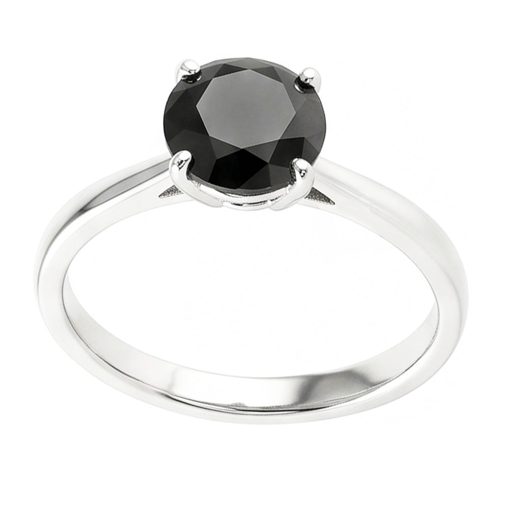 Anello di Fidanzamento Solitario Liscio con Diamante Nero Naturale Taglio Rotondo da 3,5 Carati in Oro Bianco 14K