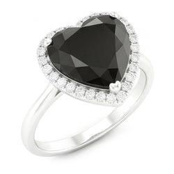 Anello di Fidanzamento con Diamante Nero Naturale da 3 Carati Halo a Cuore Gambo Liscio in Oro Bianco 14K