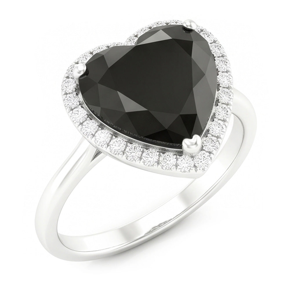 Anello di Fidanzamento con Diamante Nero Naturale da 3 Carati Halo a Cuore Gambo Liscio in Oro Bianco 14K