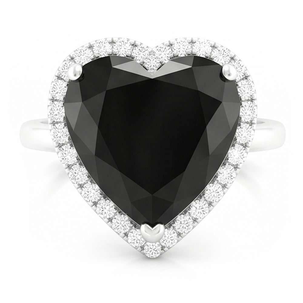Anello di Fidanzamento con Diamante Nero Naturale da 3 Carati Halo a Cuore Gambo Liscio in Oro Bianco 14K