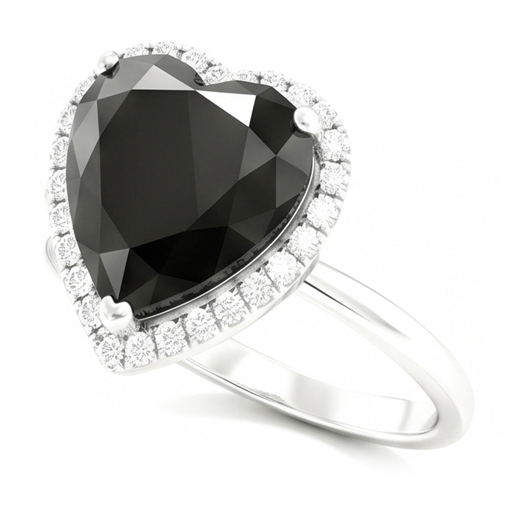Anello di Fidanzamento con Diamante Nero Naturale da 3 Carati Halo a Cuore Gambo Liscio in Oro Bianco 14K