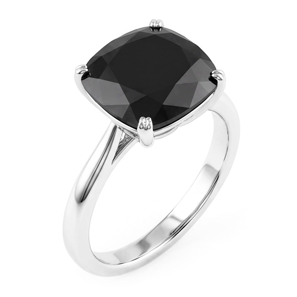 Anello di Fidanzamento Solitario con Diamante Nero Naturale da 5 Carati Taglio a Cuscino a Lama di Coltello in Oro Bianco 14K