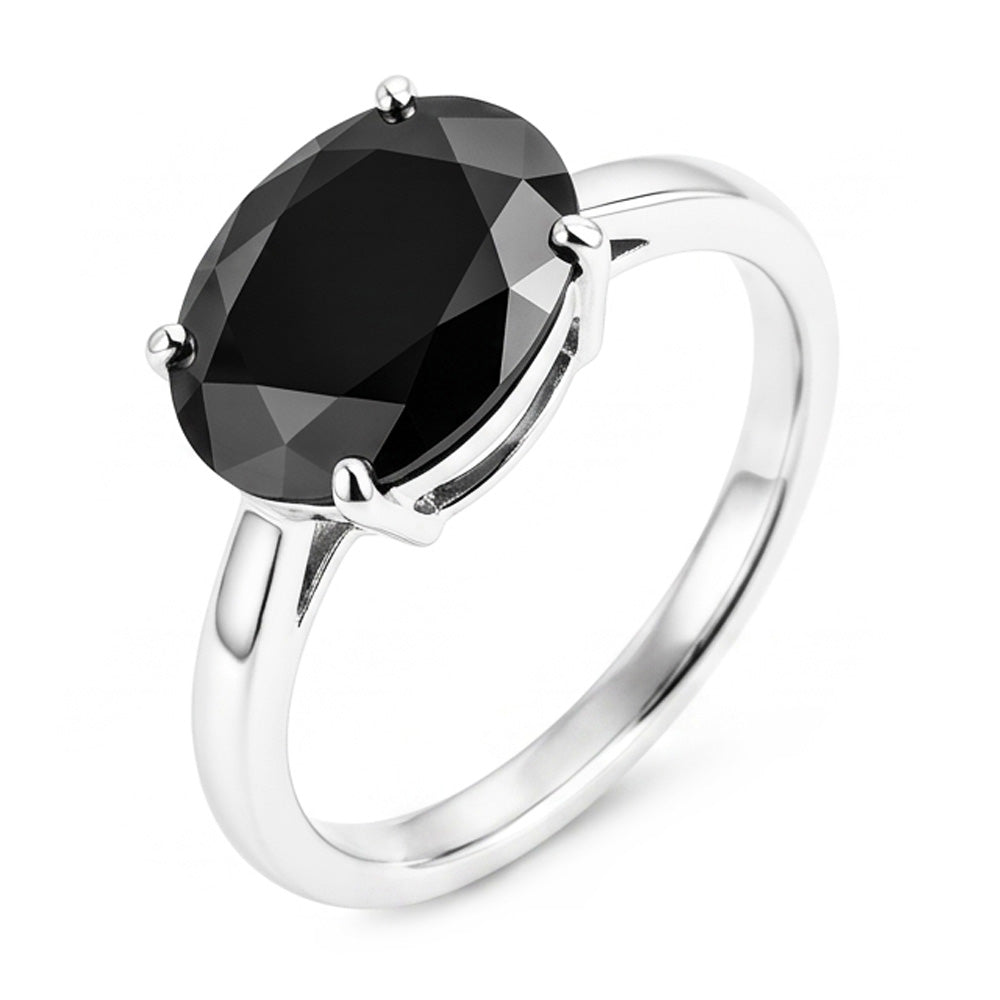 Anello di Fidanzamento Solitario Ovale con Diamante Nero Naturale da 5 Carati a Gambo Affusolato in Oro Bianco 14K