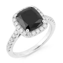 Anello di Fidanzamento Halo con Diamante Nero Autentico da 5 Carati Taglio Radiant in Oro Bianco 14K