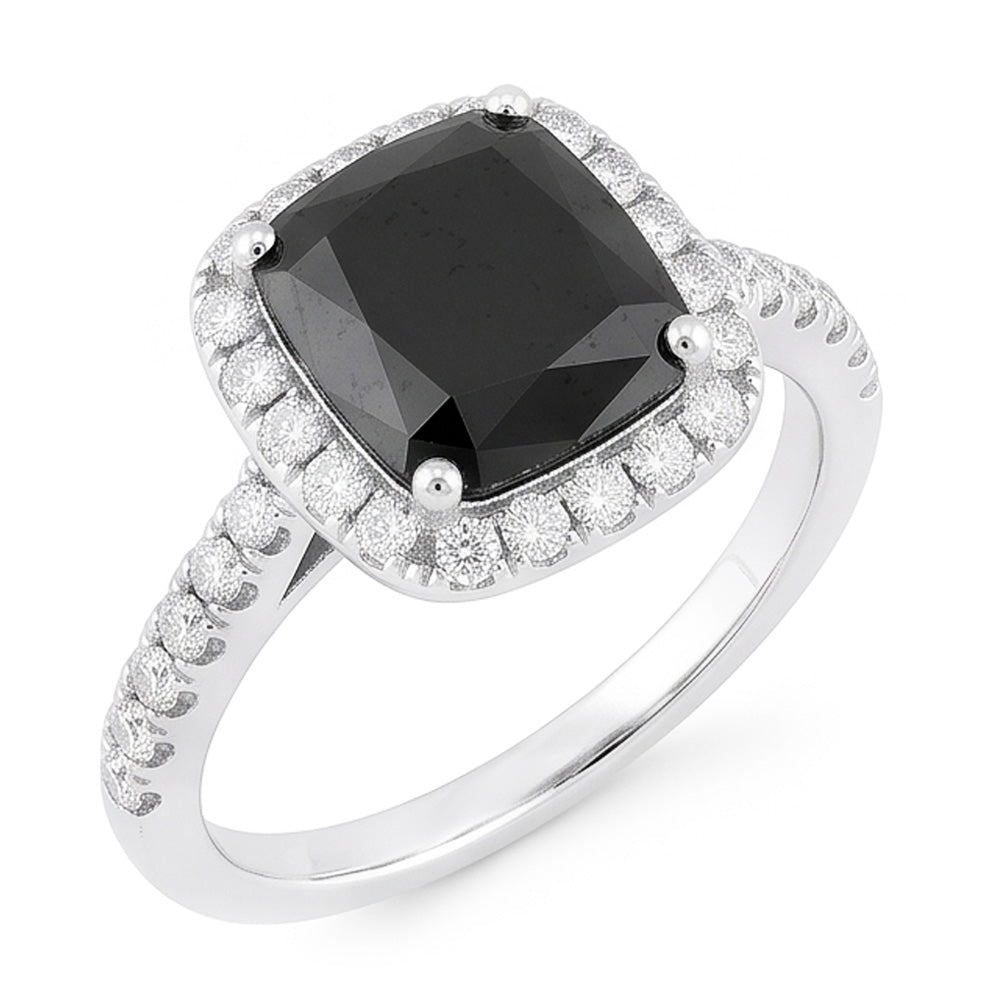 Anello di Fidanzamento Halo con Diamante Nero Autentico da 5 Carati Taglio Radiant in Oro Bianco 14K