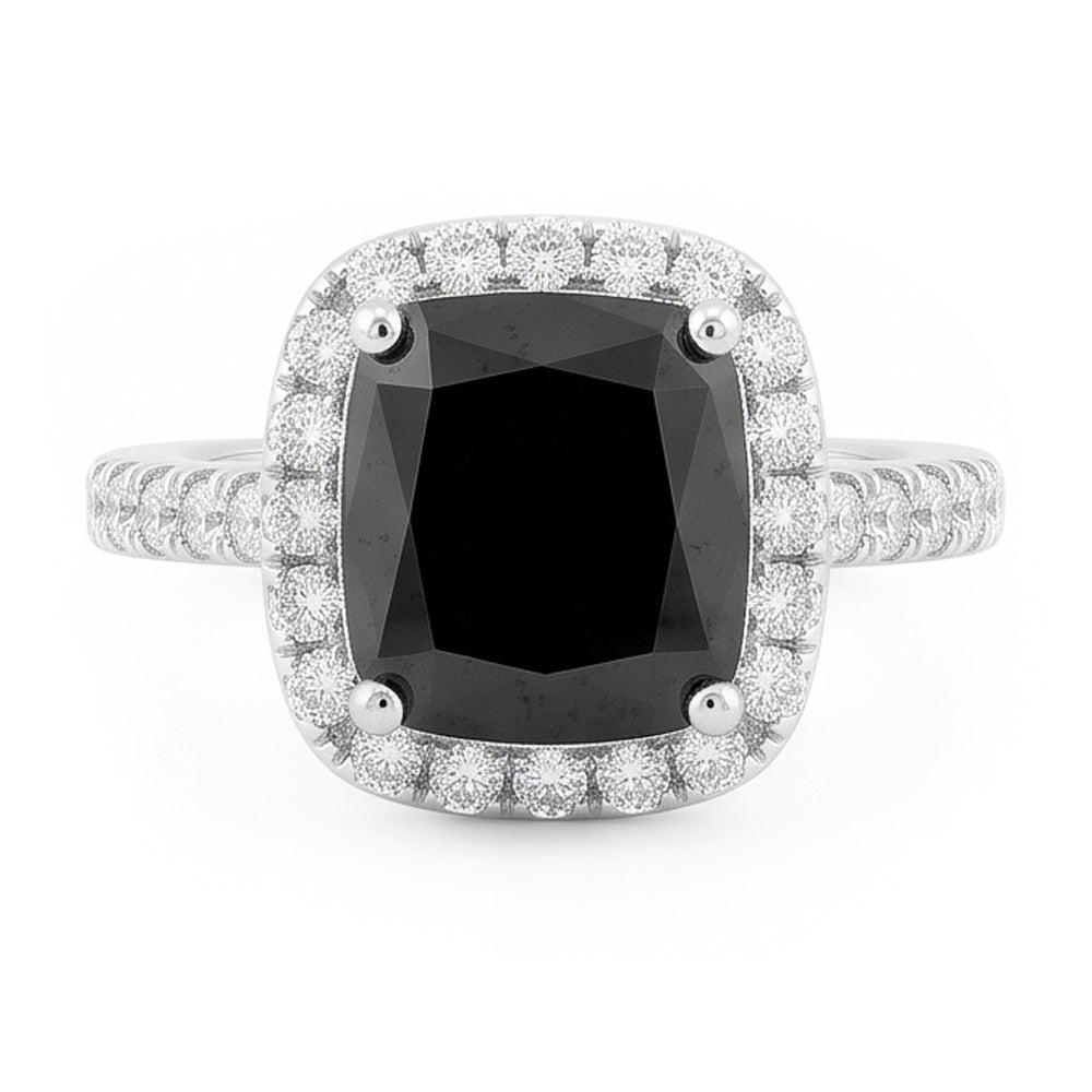 Anello di Fidanzamento Halo con Diamante Nero Autentico da 5 Carati Taglio Radiant in Oro Bianco 14K