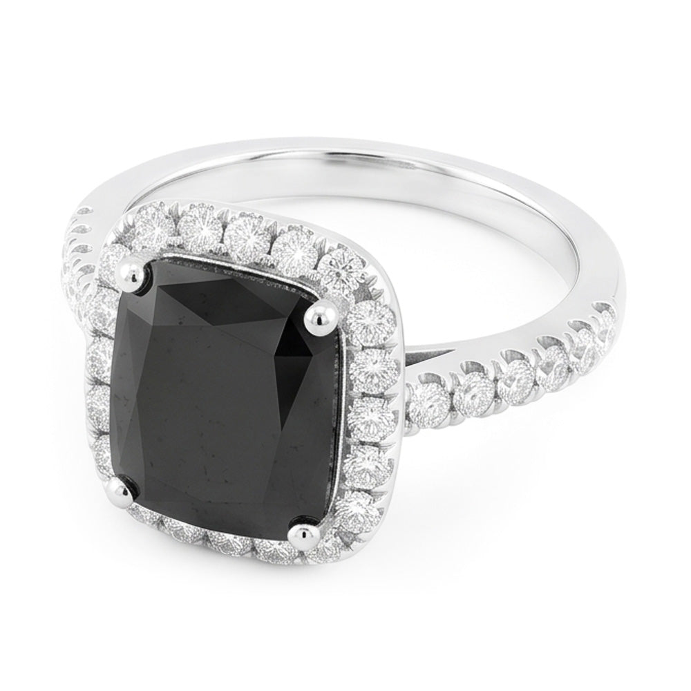 Anello di Fidanzamento Halo con Diamante Nero Autentico da 5 Carati Taglio Radiant in Oro Bianco 14K