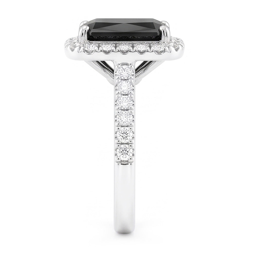 Anello di Fidanzamento Halo con Diamante Nero Autentico da 5 Carati Taglio Radiant in Oro Bianco 14K