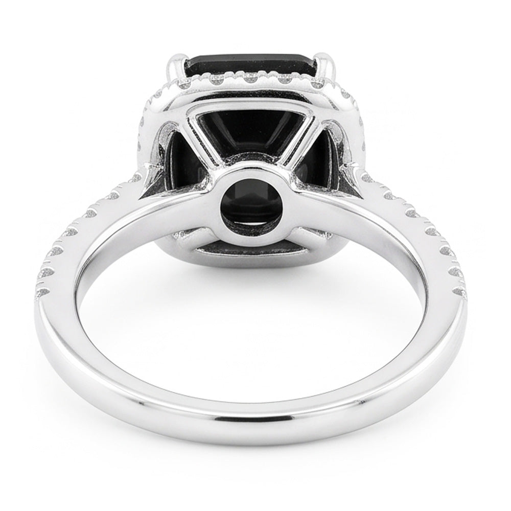 Anello di Fidanzamento Halo con Diamante Nero Autentico da 5 Carati Taglio Radiant in Oro Bianco 14K