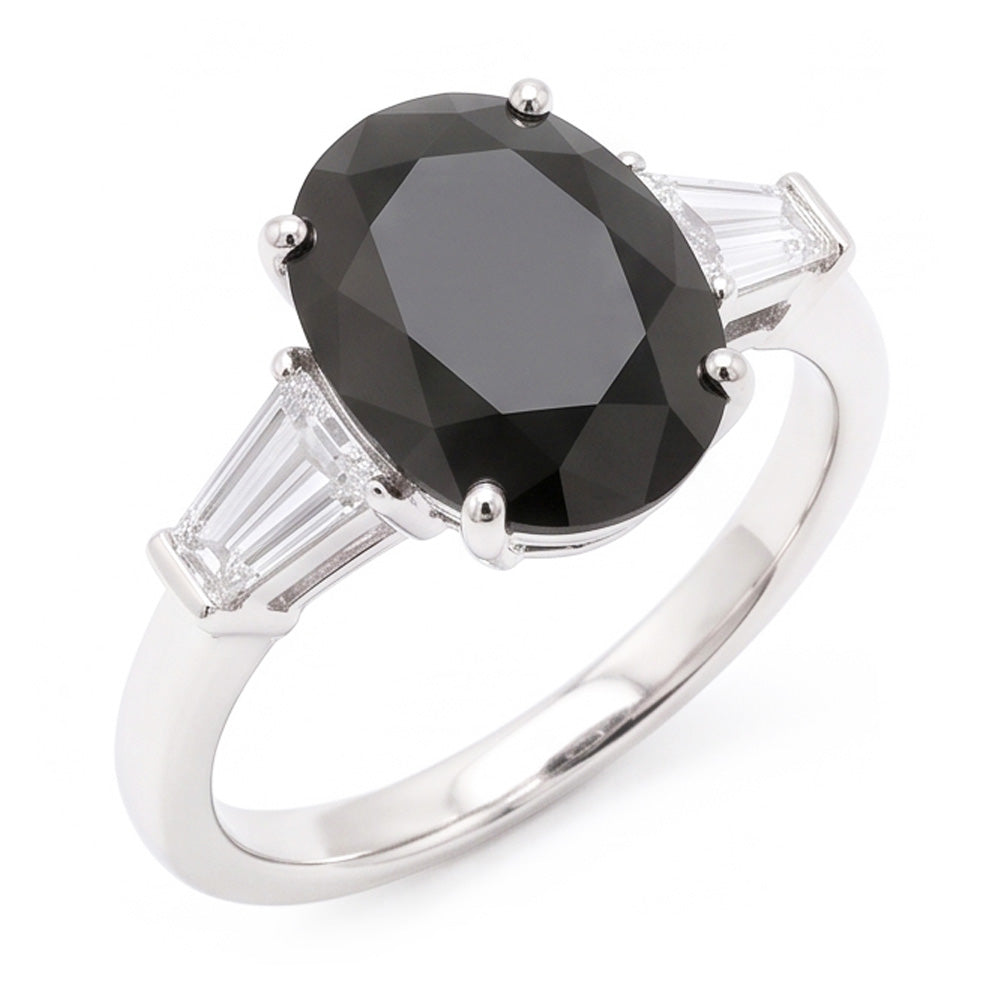 Anello a tre pietre in oro bianco 14K con diamante nero naturale ovale e baguette da 3,6 carati