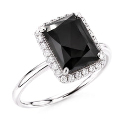 Gioielli con Diamante Nero - Anello Halo Taglio Radiant Autentico da 3,5 Carati in Oro Bianco 14K