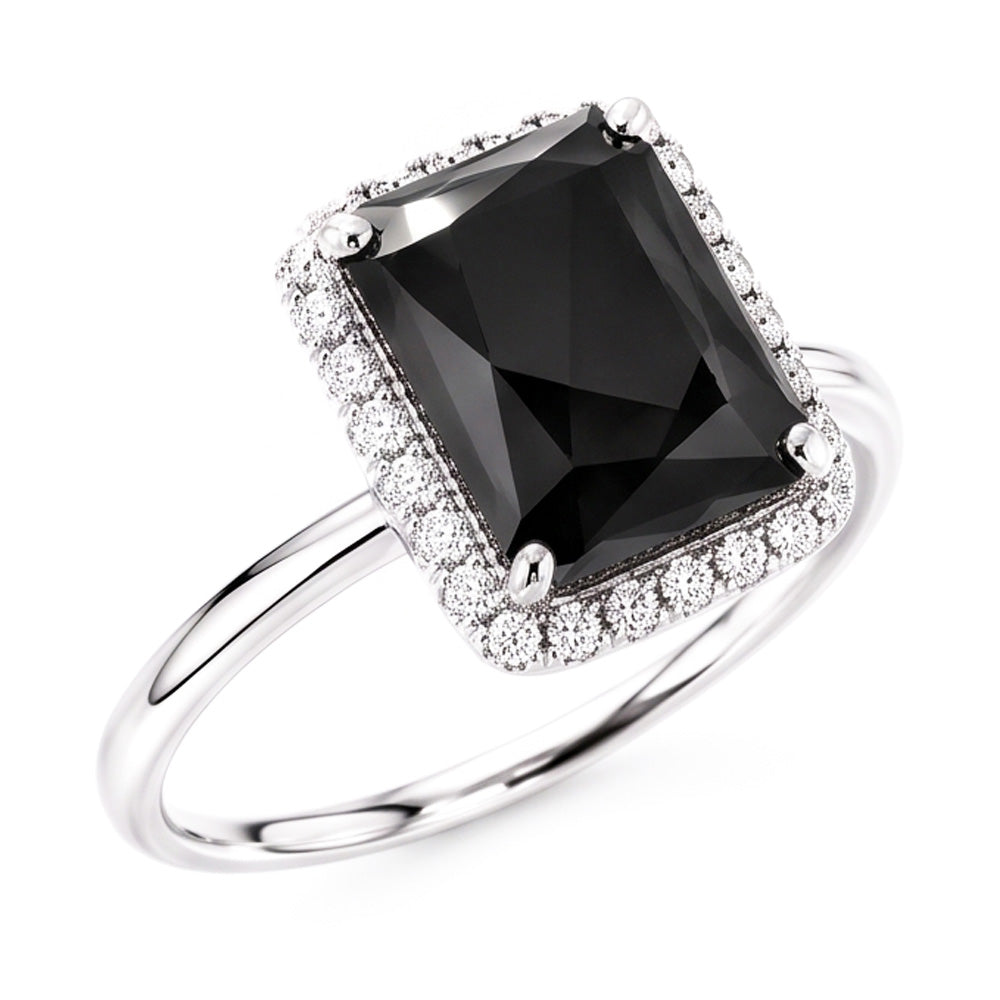 Gioielli con Diamante Nero - Anello Halo Taglio Radiant Autentico da 3,5 Carati in Oro Bianco 14K