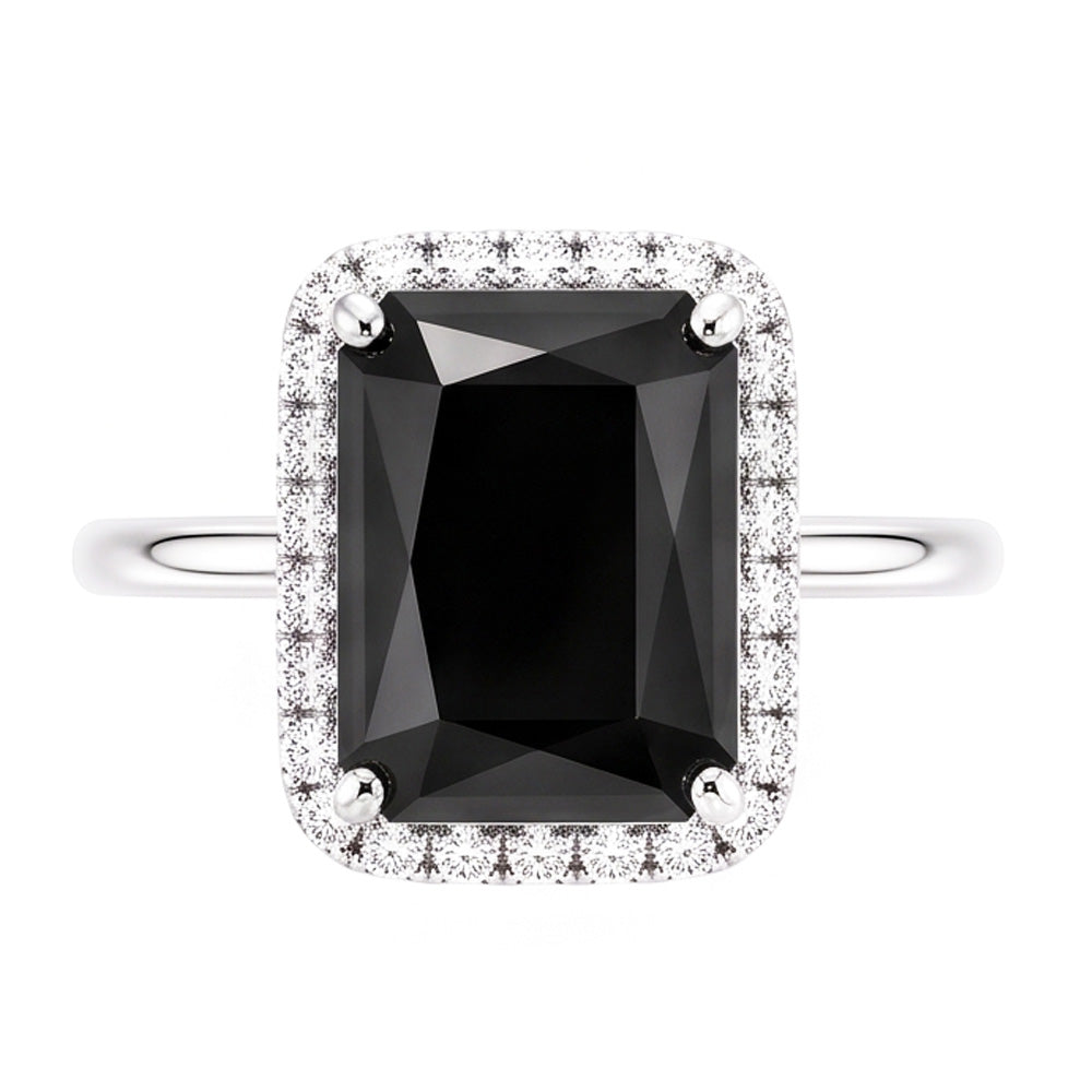 Gioielli con Diamante Nero - Anello Halo Taglio Radiant Autentico da 3,5 Carati in Oro Bianco 14K