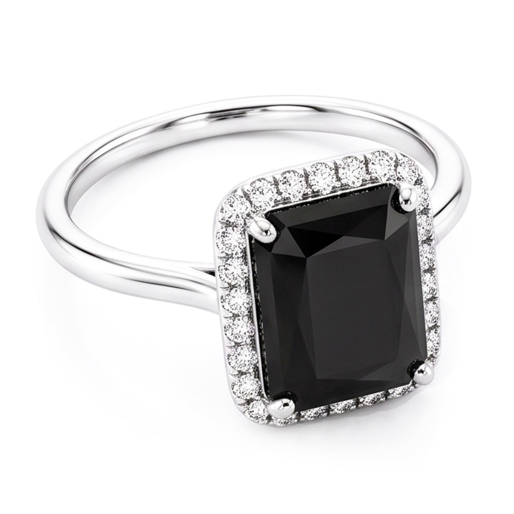 Gioielli con Diamante Nero - Anello Halo Taglio Radiant Autentico da 3,5 Carati in Oro Bianco 14K