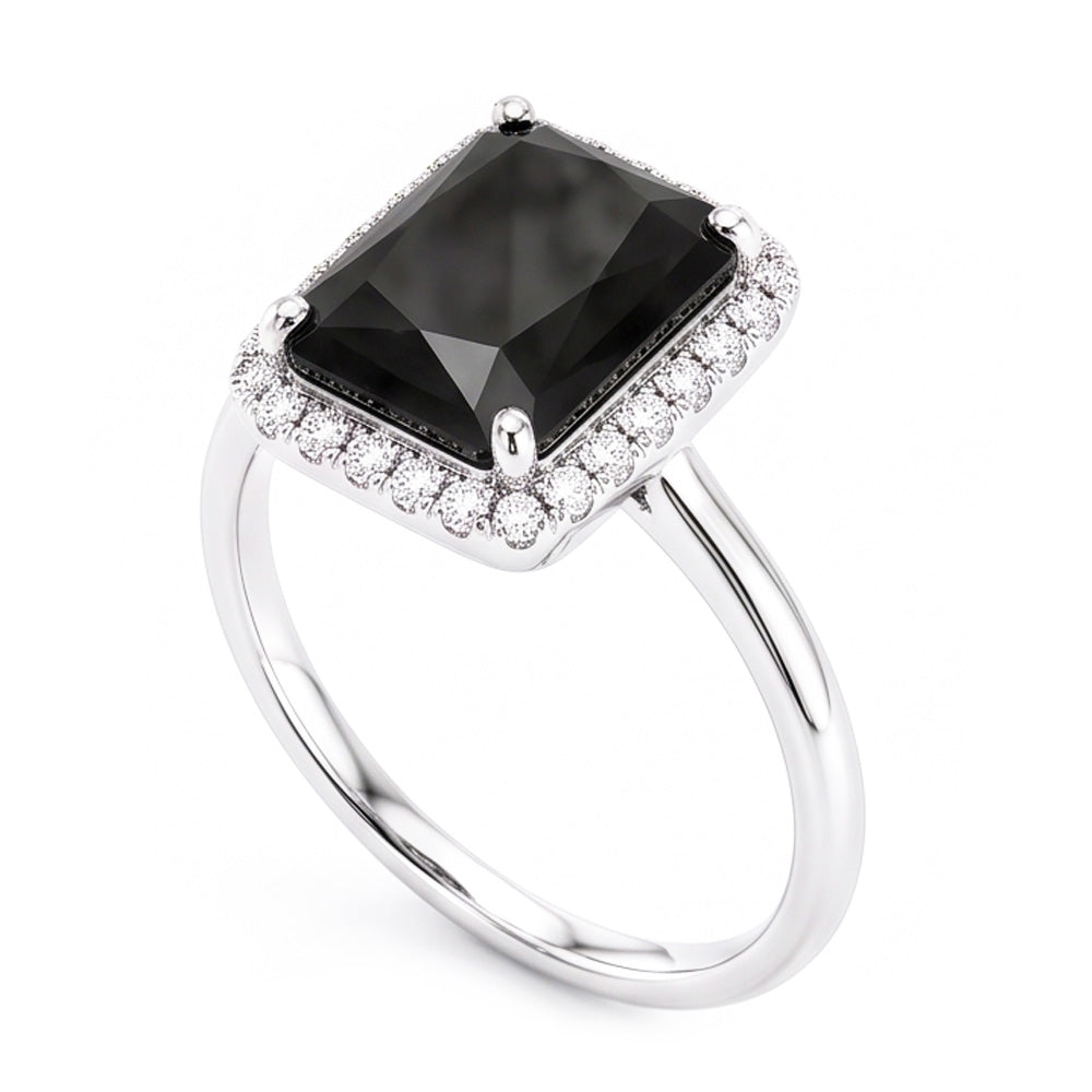 Gioielli con Diamante Nero - Anello Halo Taglio Radiant Autentico da 3,5 Carati in Oro Bianco 14K