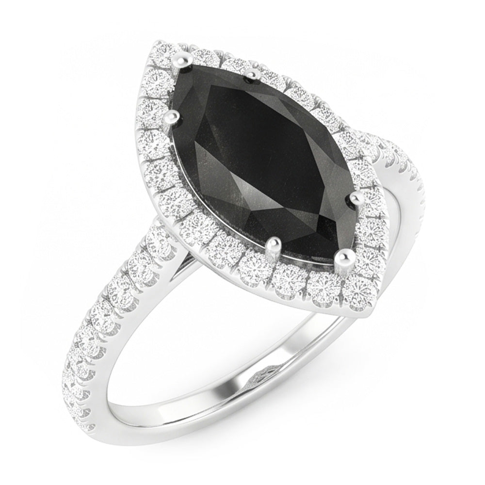 Gioielli con Diamante Nero - Anello Halo Taglio Marquise Autentico da 6 Carati in Oro Bianco 14K