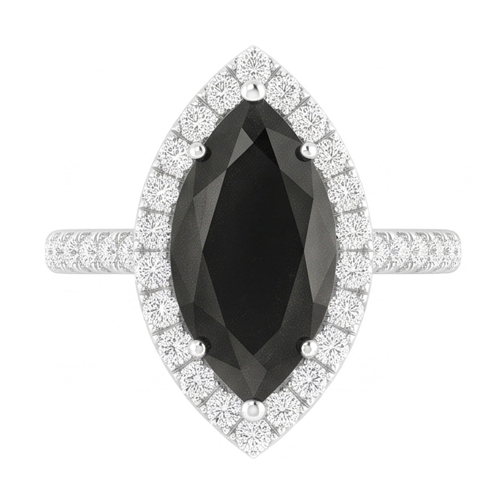 Gioielli con Diamante Nero - Anello Halo Taglio Marquise Autentico da 6 Carati in Oro Bianco 14K