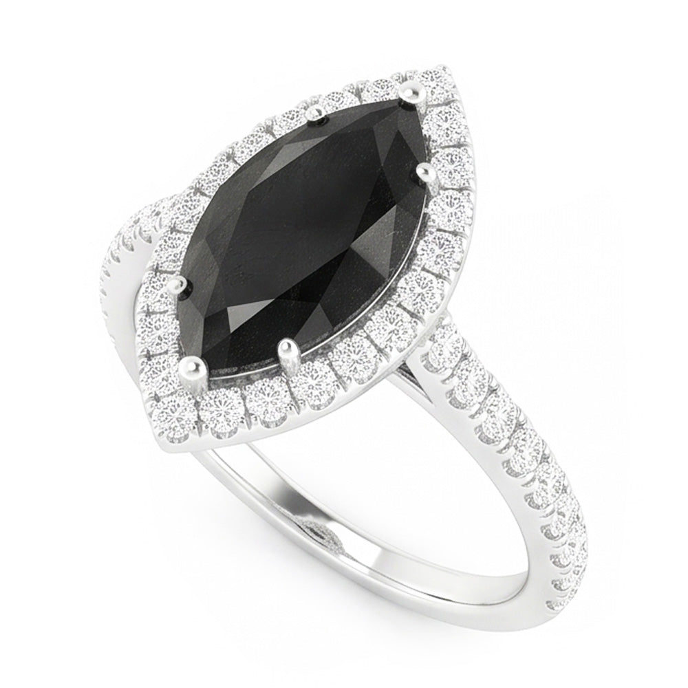 Gioielli con Diamante Nero - Anello Halo Taglio Marquise Autentico da 6 Carati in Oro Bianco 14K