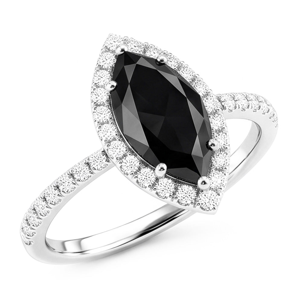 Anello Nuziale con Diamante Nero Autentico da 4 Carati Taglio Marquise Halo in Oro Bianco 14K