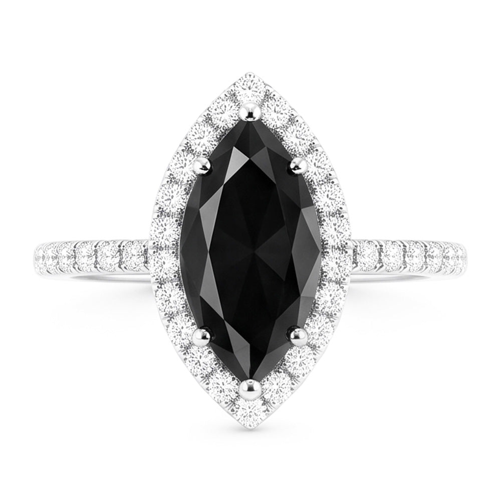 Anello Nuziale con Diamante Nero Autentico da 4 Carati Taglio Marquise Halo in Oro Bianco 14K