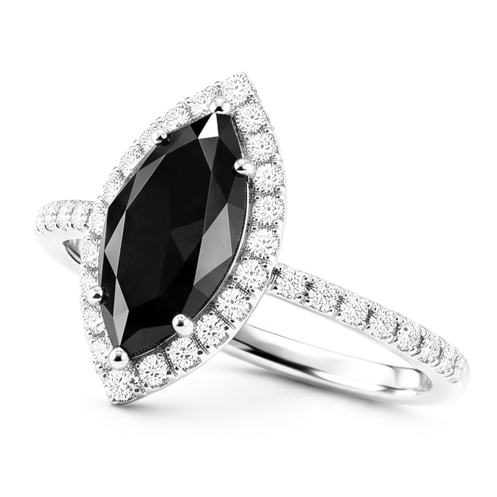Anello Nuziale con Diamante Nero Autentico da 4 Carati Taglio Marquise Halo in Oro Bianco 14K