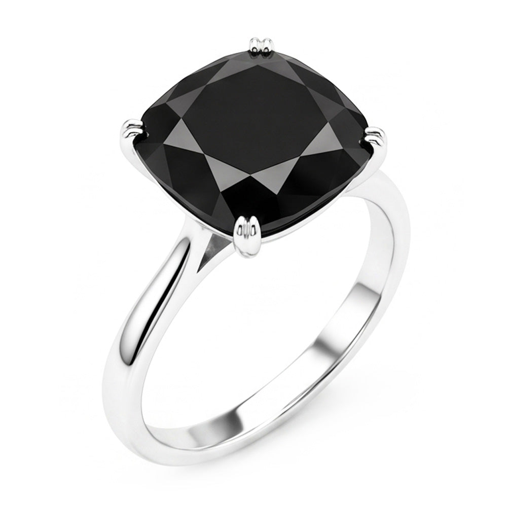 Anello Nuziale Solitario con Diamante Nero Naturale da 5 Carati Taglio a Cuscino Stile Cattedrale in Oro Bianco 14K