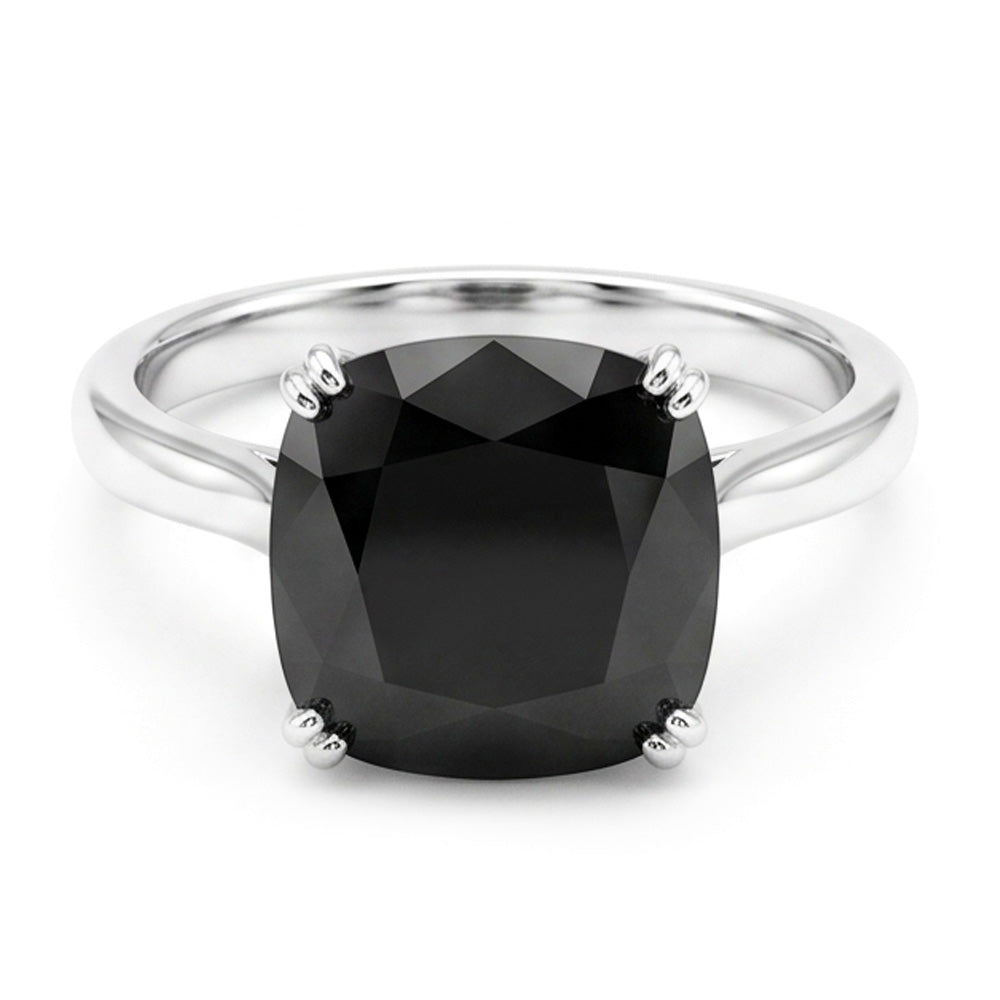 Anello Nuziale Solitario con Diamante Nero Naturale da 5 Carati Taglio a Cuscino Stile Cattedrale in Oro Bianco 14K