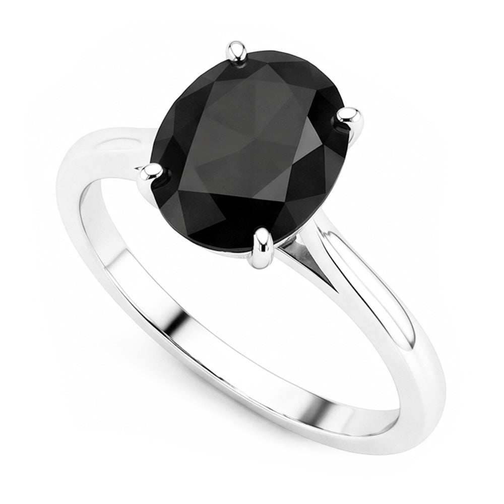 Anello Nuziale Solitario con Diamante Nero Autentico Ovale da 5 Carati a Lama di Coltello in Oro Bianco 14K