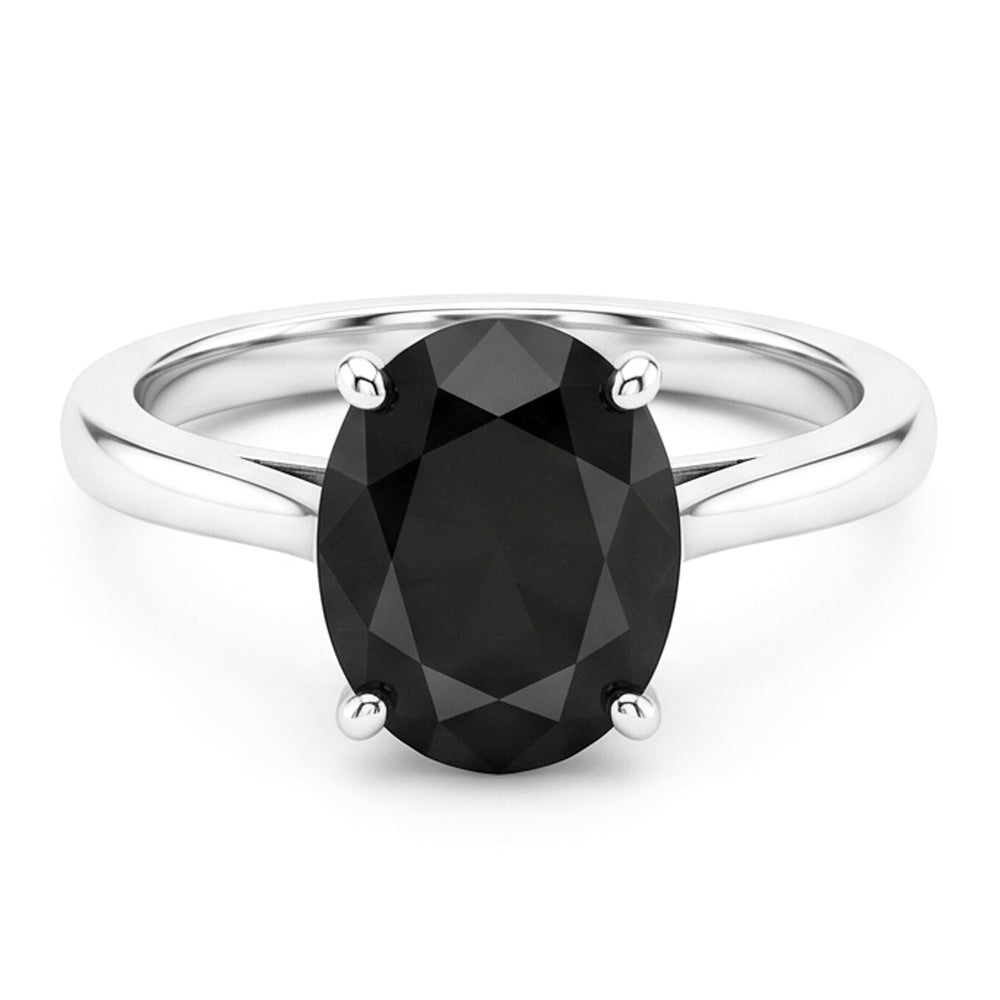 Anello Nuziale Solitario con Diamante Nero Autentico Ovale da 5 Carati a Lama di Coltello in Oro Bianco 14K