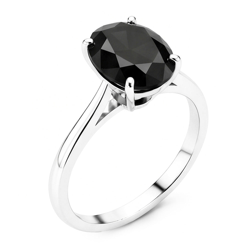 Anello Nuziale Solitario con Diamante Nero Autentico Ovale da 5 Carati a Lama di Coltello in Oro Bianco 14K