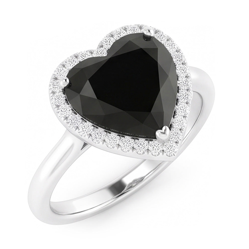 Anello Nuziale con Diamante Nero Autentico da 9 Carati con Halo a Cuore in Oro Bianco 14 Carati