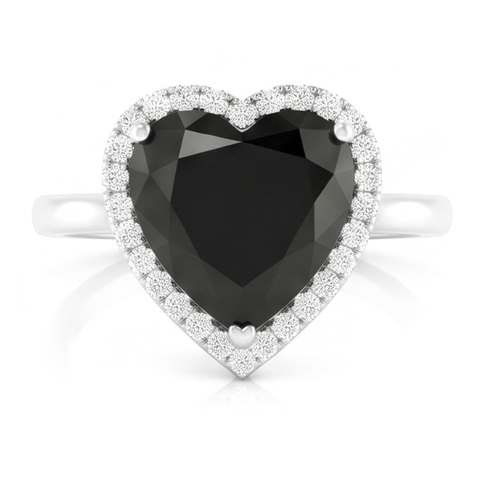 Anello Nuziale con Diamante Nero Autentico da 9 Carati con Halo a Cuore in Oro Bianco 14 Carati