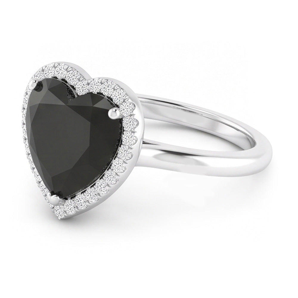 Anello Nuziale con Diamante Nero Autentico da 9 Carati con Halo a Cuore in Oro Bianco 14 Carati