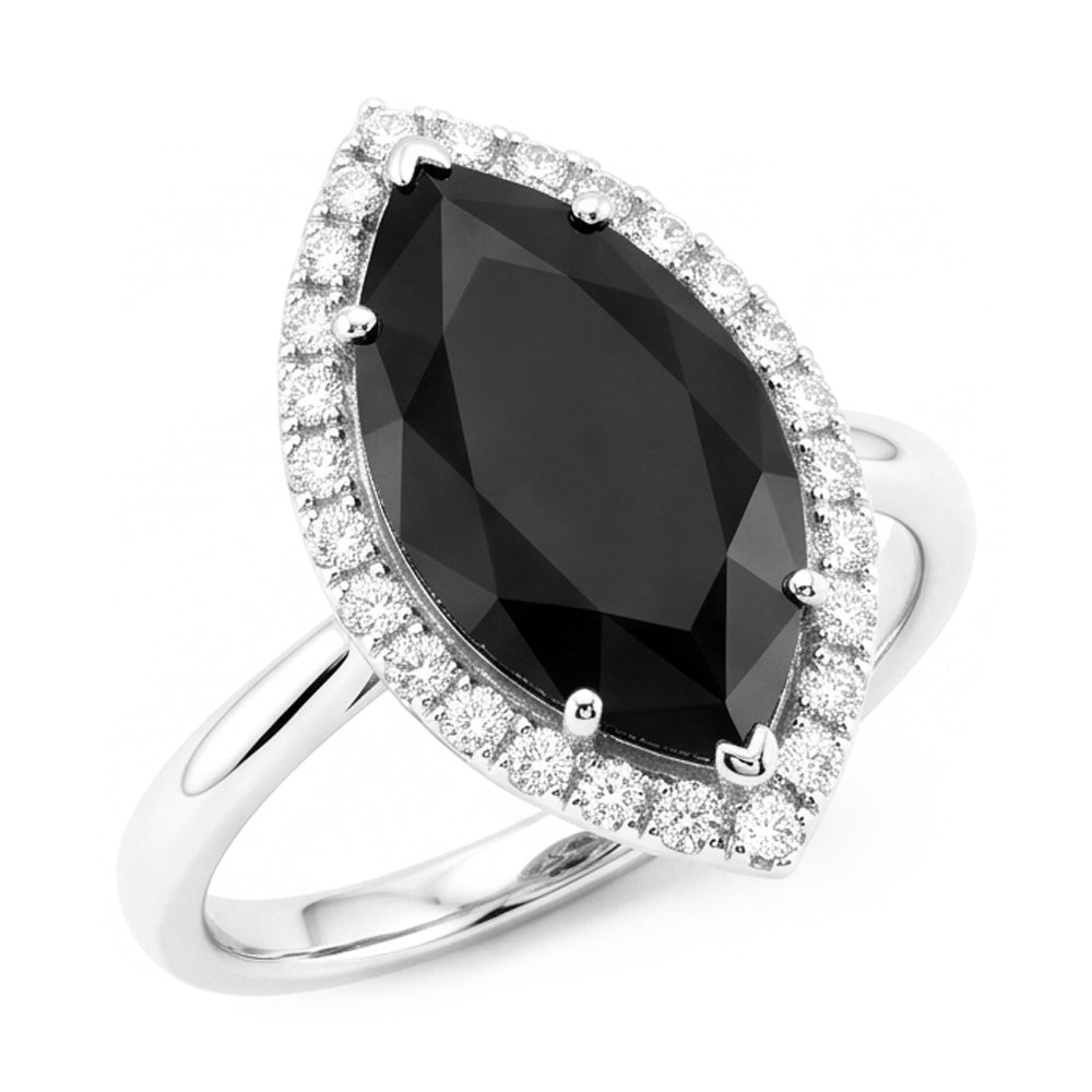 Anello di Fidanzamento con Diamante Nero Naturale Taglio Marquise Halo da 3 Carati in Oro Bianco 14K