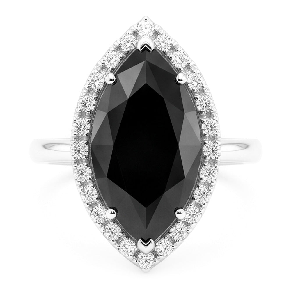 Anello di Fidanzamento con Diamante Nero Naturale Taglio Marquise Halo da 3 Carati in Oro Bianco 14K