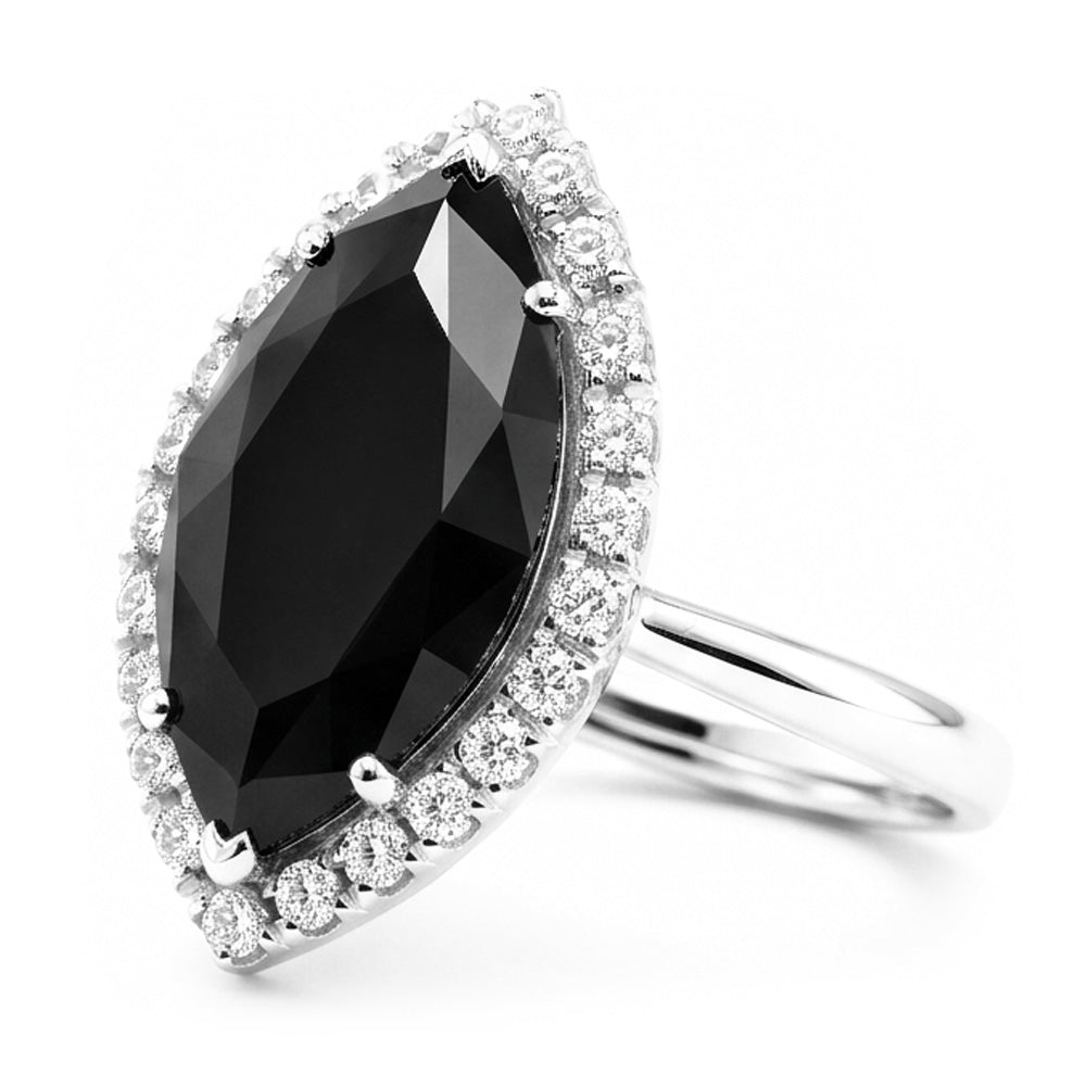Anello di Fidanzamento con Diamante Nero Naturale Taglio Marquise Halo da 3 Carati in Oro Bianco 14K
