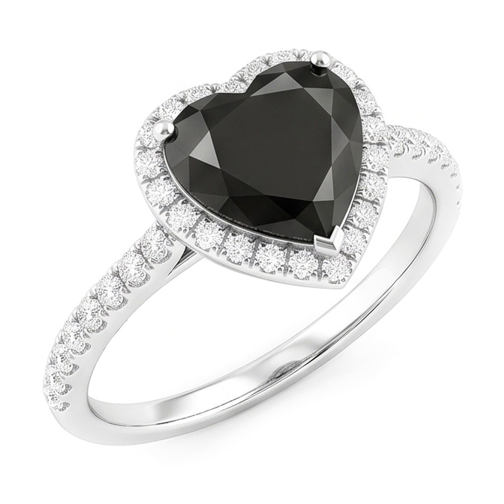 Anello di Fidanzamento con Diamante Nero Naturale a Cuore da 4 Carati Halo Pavé in Oro Bianco 14K