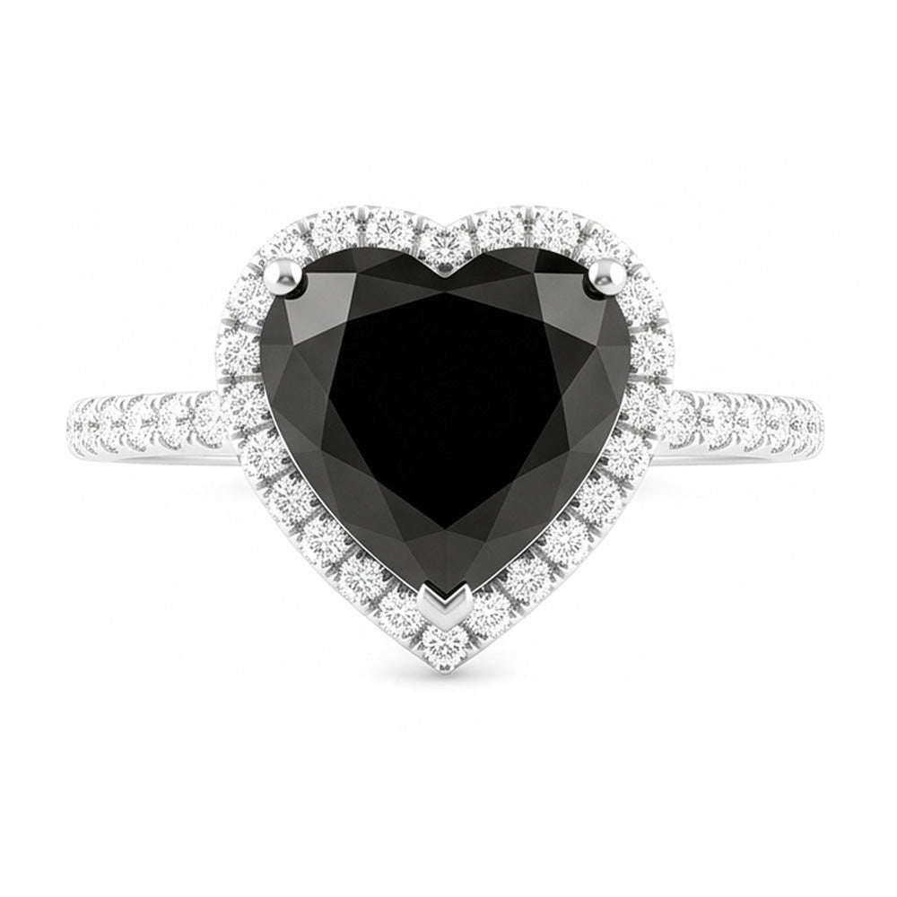 Anello di Fidanzamento con Diamante Nero Naturale a Cuore da 4 Carati Halo Pavé in Oro Bianco 14K