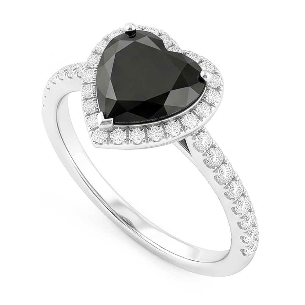 Anello di Fidanzamento con Diamante Nero Naturale a Cuore da 4 Carati Halo Pavé in Oro Bianco 14K