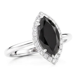 Anello con diamante nero naturale da 11 carati taglio marquise Halo in Oro Bianco 14K