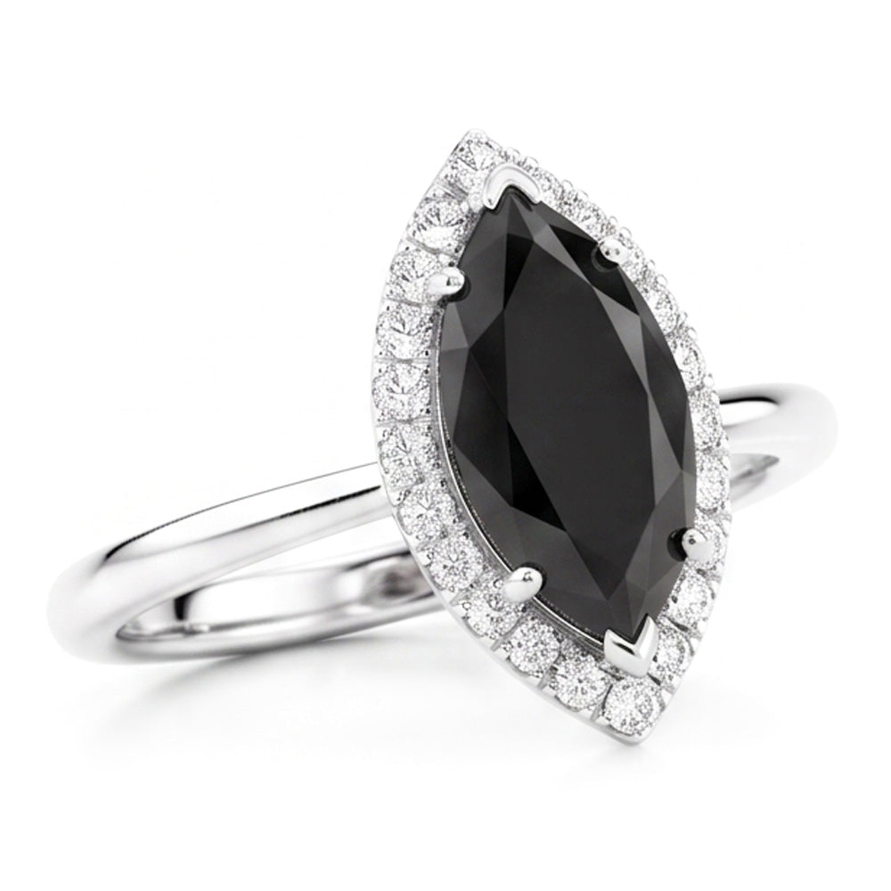 Anello con diamante nero naturale da 11 carati taglio marquise Halo in Oro Bianco 14K