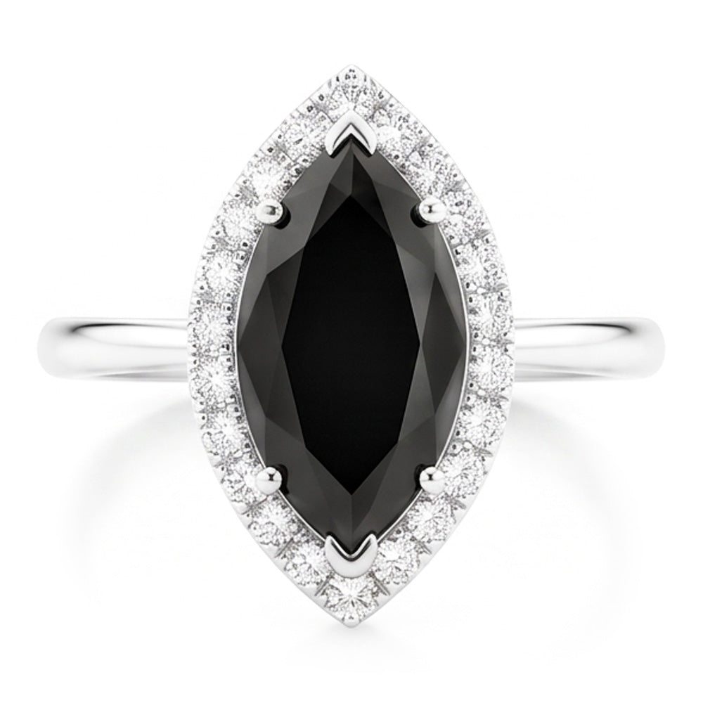 Anello con diamante nero naturale da 11 carati taglio marquise Halo in Oro Bianco 14K