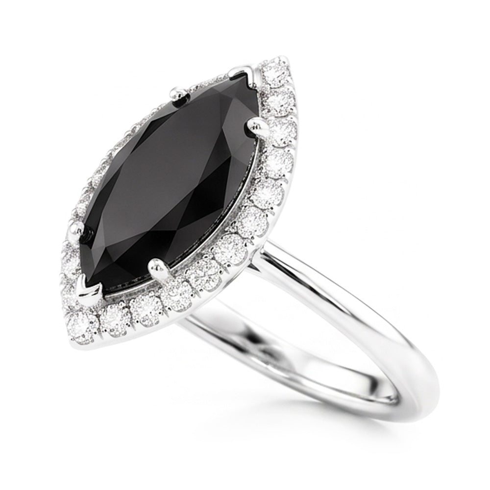 Anello con diamante nero naturale da 11 carati taglio marquise Halo in Oro Bianco 14K