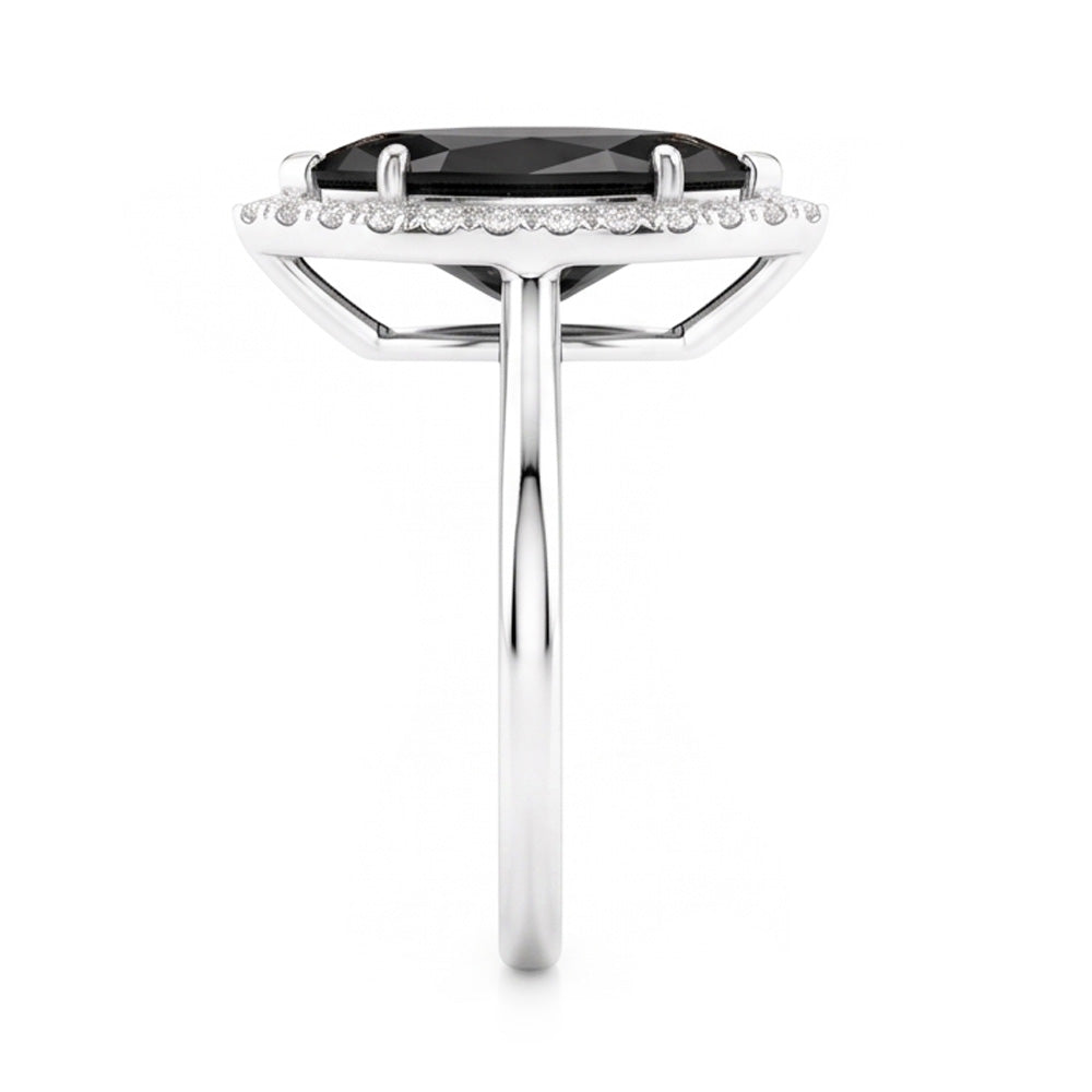 Anello con diamante nero naturale da 11 carati taglio marquise Halo in Oro Bianco 14K