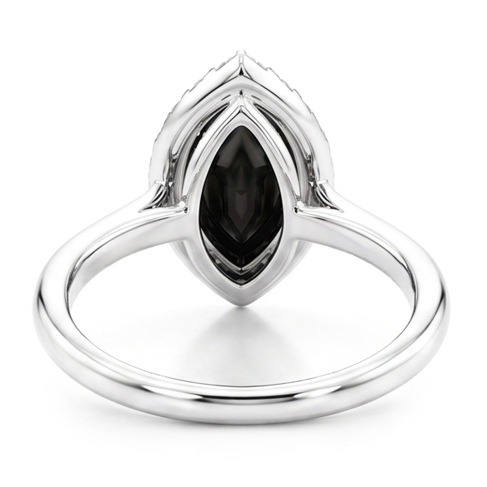 Anello con diamante nero naturale da 11 carati taglio marquise Halo in Oro Bianco 14K