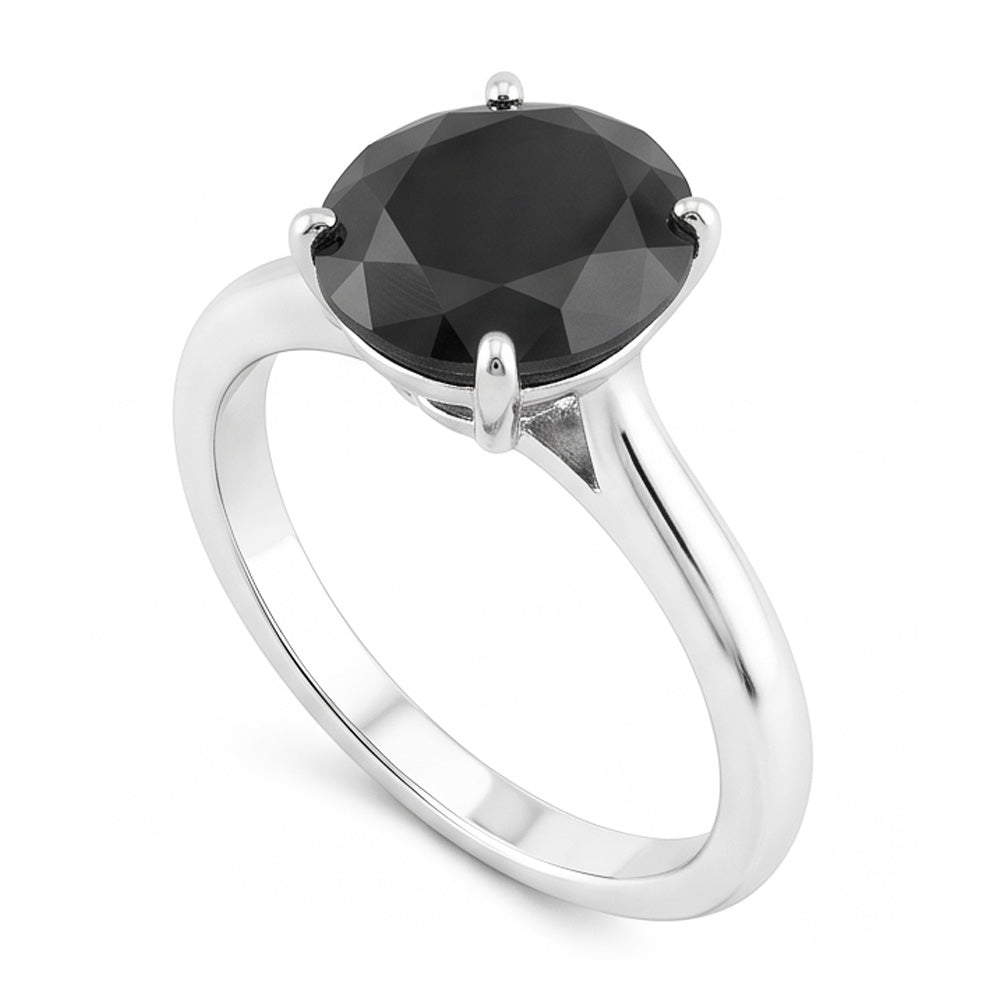 Anello Solitario con Diamante Nero Naturale Taglio Rotondo da 3,5 Carati a Lama di Coltello in Oro Bianco 14K