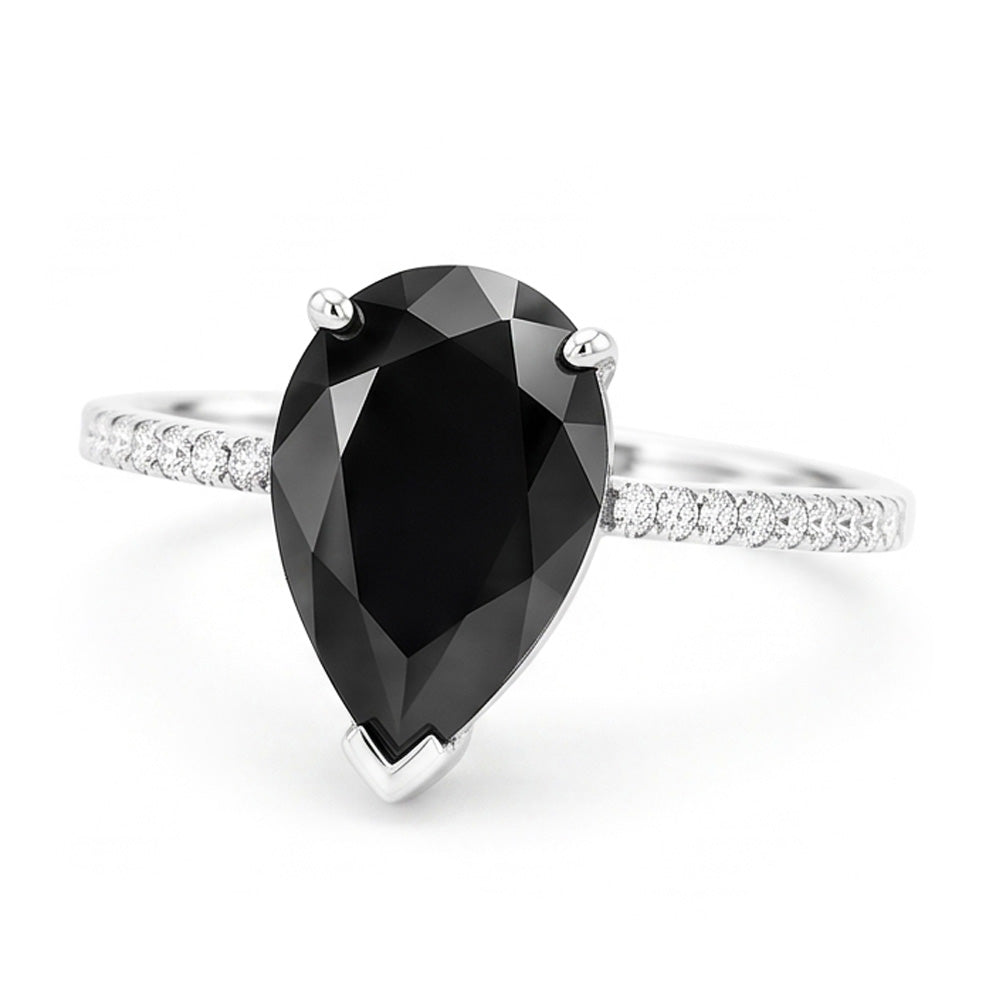 Anello Solitario con Diamante Nero Naturale a Goccia da 5 Carati e Pavé in Oro Bianco 14K